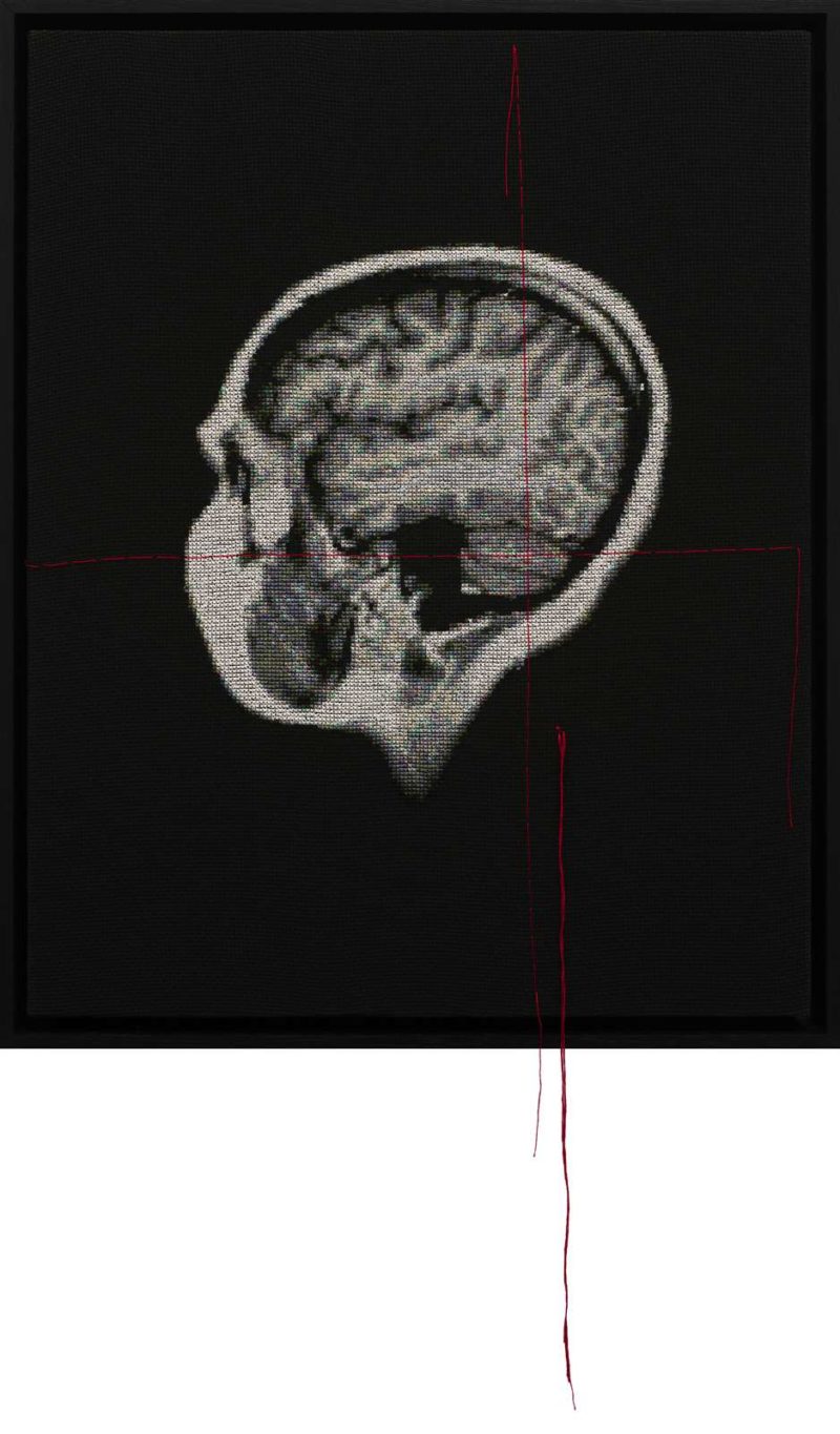 'Self Portrait; Artist's Brain A', 2014, Stranded cotton on aida cloth, 48.5 (65) x 39 cm
