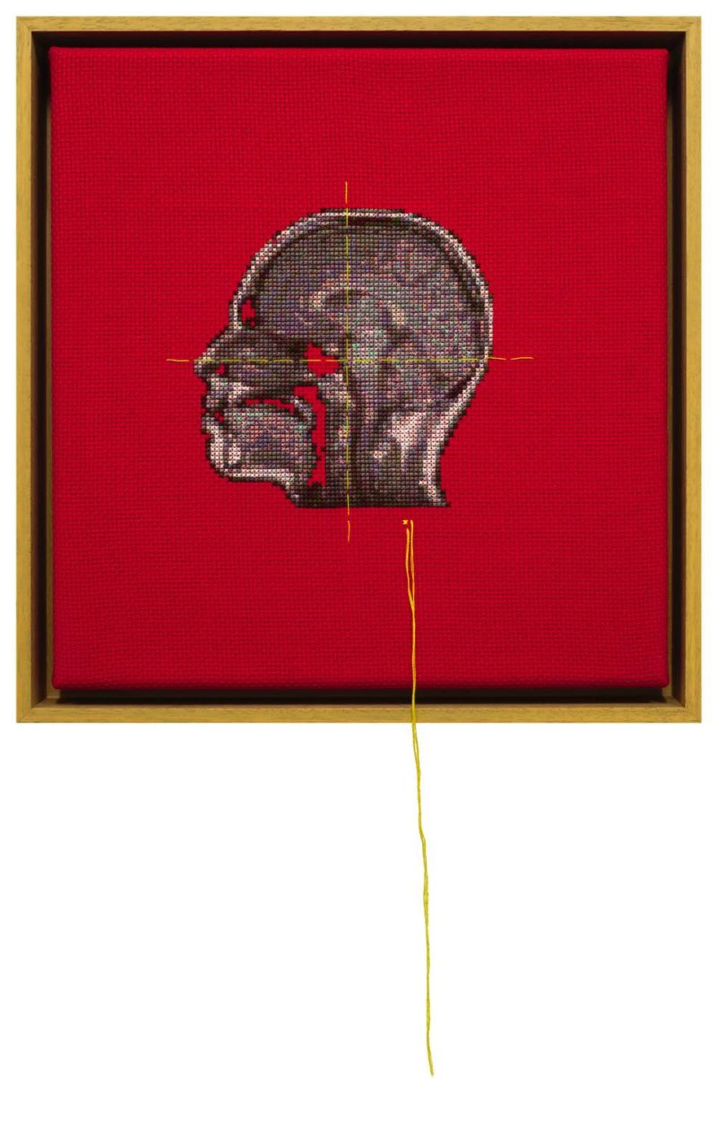'Self Portrait; Artist's Brain D', 2015, Stranded cotton on aida cloth, 30 (45) x 29 cm