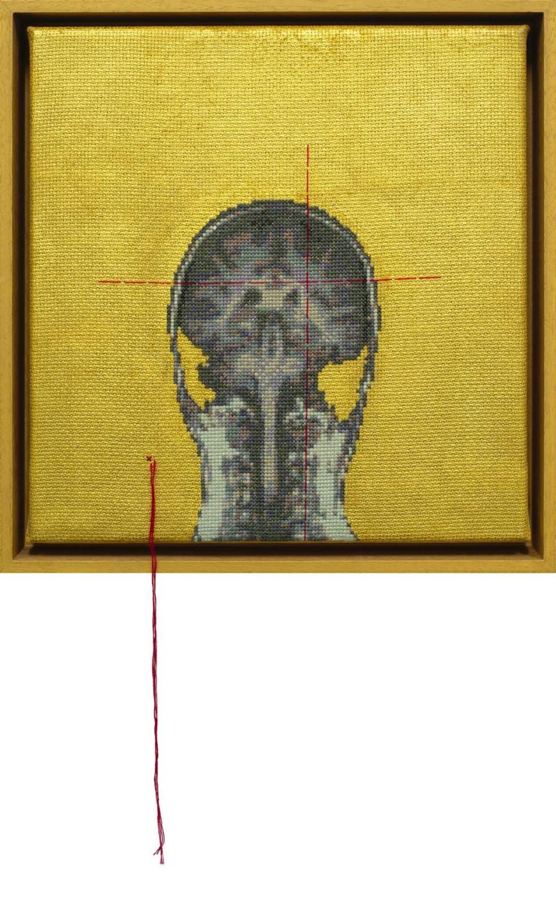 'Self Portrait; Artist's Brain E', 2015, Stranded cotton and 23 karat gold on aida cloth, 30 (45) x 29 cm
