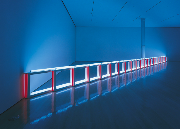 Dan Flavin, an artificial barrier of blue, red and blue fluorescent light (to Flavin Starbuck Judd), 1968, blue and red fluorescent light
