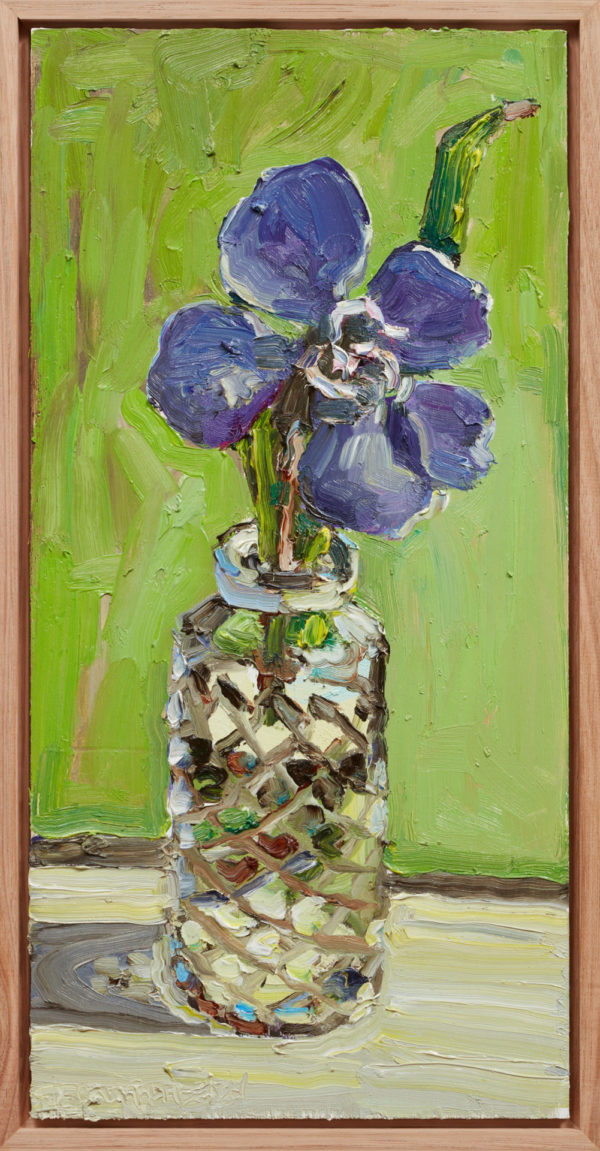Tibouchina and the Green Wall 2024 oil on marine ply 40cm x 20cm - Tibouchina and the Green Wall - Jane Guthleben .M Contemporary