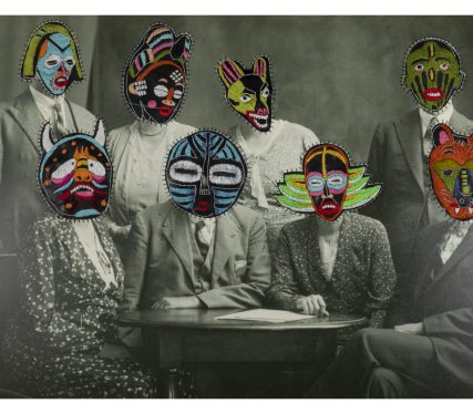 Hannalie Taute Family Meeting 78 x 117 cm Photographic print on board, thread and rubber 2021